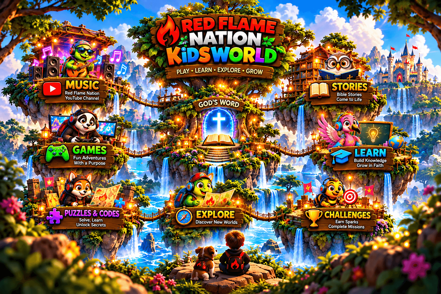 Red Flame Nation Kids World — an illustrated island world connecting Music, Stories, Games, Learn, Puzzles & Codes, Explore, Challenges, and God's Word at the center.